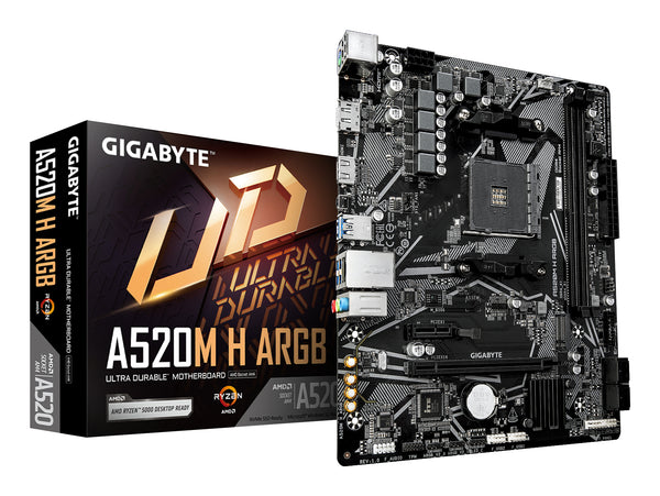 GIGABYTE A520M H ARGB Mainboard – Unterstützt AMD Ryzen 5000 Prozessoren, bis zu 5100 MHz DDR4 (OC), PCIe 3.0 x4 M.2, 1-GbE-LAN, USB 3.2 Gen 1