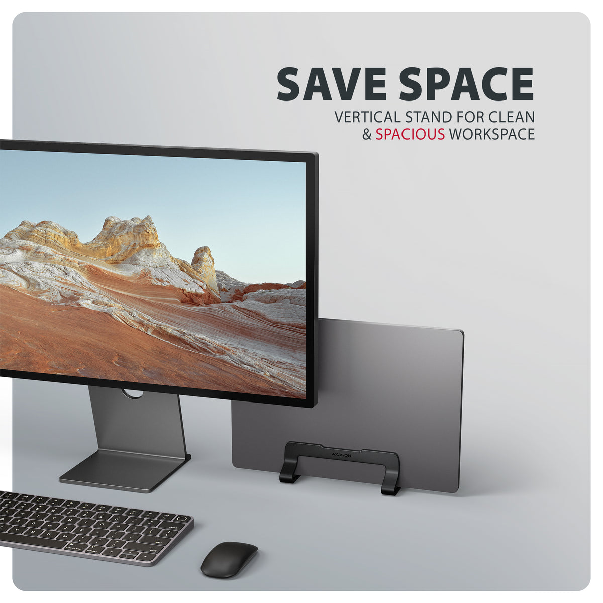 Axagon STND-VB Aluminiumständer für die vertikale Platzierung von Laptops mit einer Größe von 10"–17.3". Einstellbare Schlitzbreite 9.5–25.5 mm. Schwarze Version.