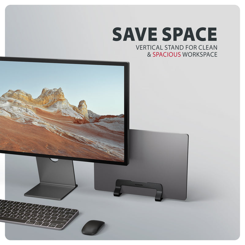 Axagon STND-VB Aluminiumständer für die vertikale Platzierung von Laptops mit einer Größe von 10"–17.3". Einstellbare Schlitzbreite 9.5–25.5 mm. Schwarze Version.