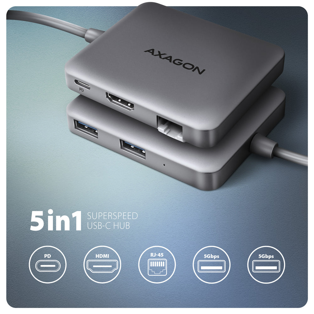 Axagon HMC-5HL USB 5Gbps hub, 2x USB-A, HDMI 4k/60Hz, RJ-45, PD 100W, 20cm USB-C Kabel