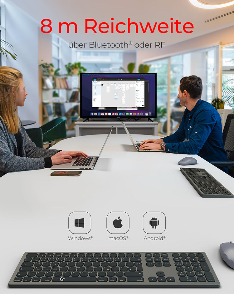 KeySonic KSK-8023BTRF (DE), Full-Size Aluminium Tastatur, Bluetooth® & RF, für Windows® und macOS®, anthrazit/schwarz