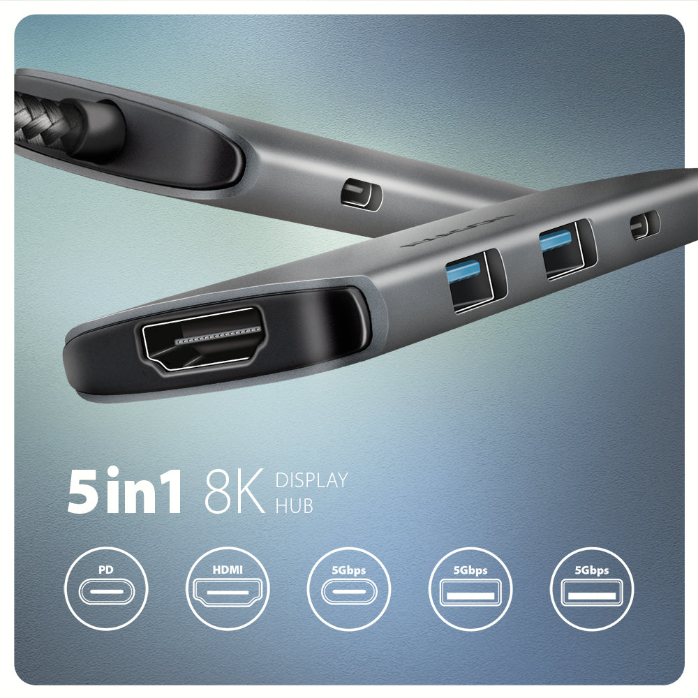 Axagon HMC-5H8K USB 5Gbps hub 2x USB-A USB-C HDMI 8k/30Hz PD 100W kabel USB-C Kabelgebunden USB 3.2 Gen 1 (3.1 Gen 1) Type-C Grau