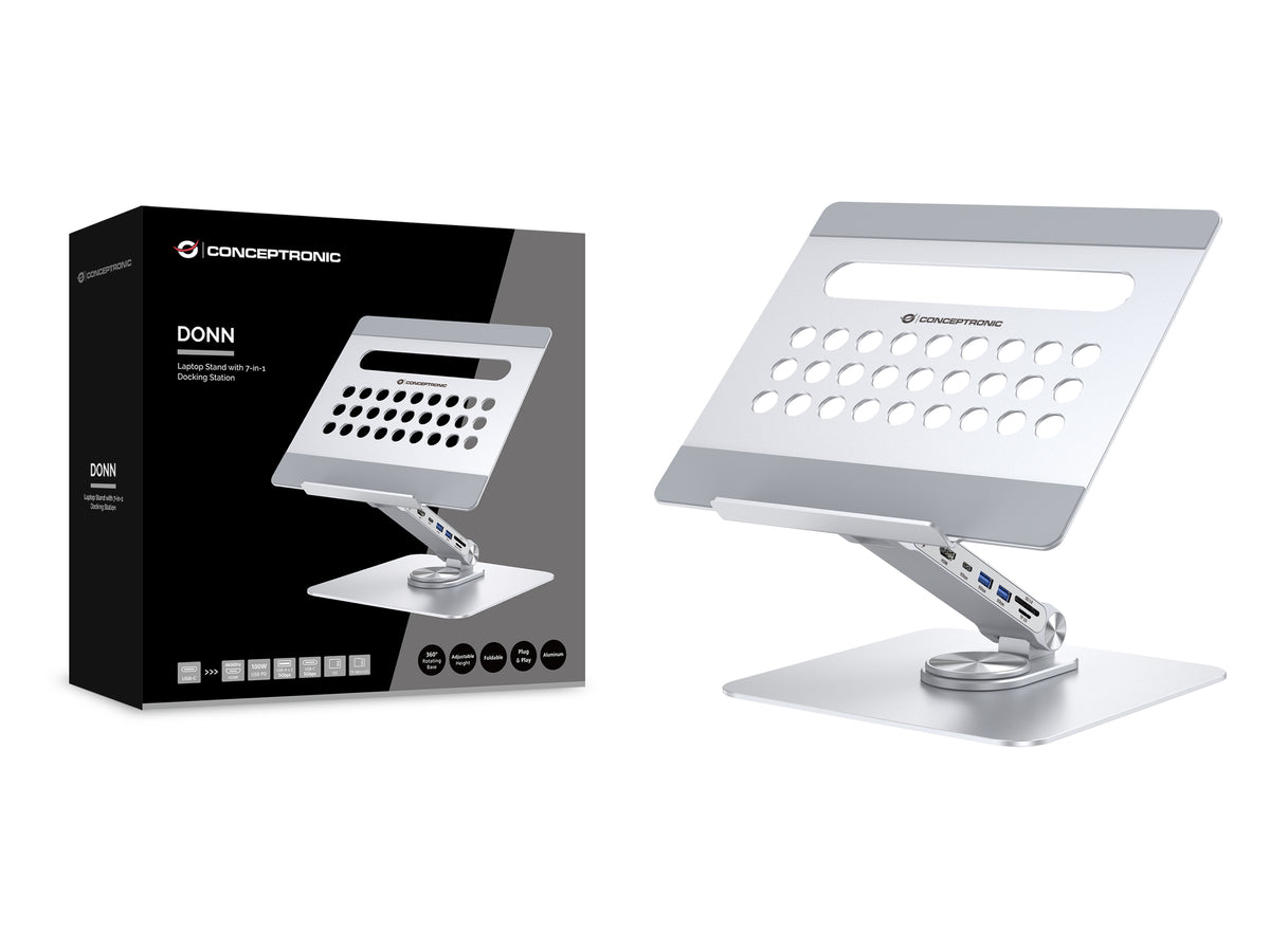 Conceptronic DONN27G Laptop-Ständer mit 7-in-1-Dockingstation, 360° drehbare Basis, faltbar, höhenverstellbar