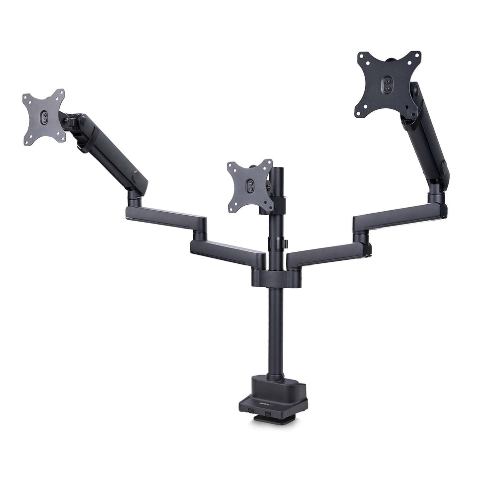 StarTech.com Support de bureau triple écran – 3 écrans 27 pouces – Compatible VESA 75x75/100x100 – Réglage de la hauteur – Fixation par pince/œillet – Bras de moniteur à ressort à gaz