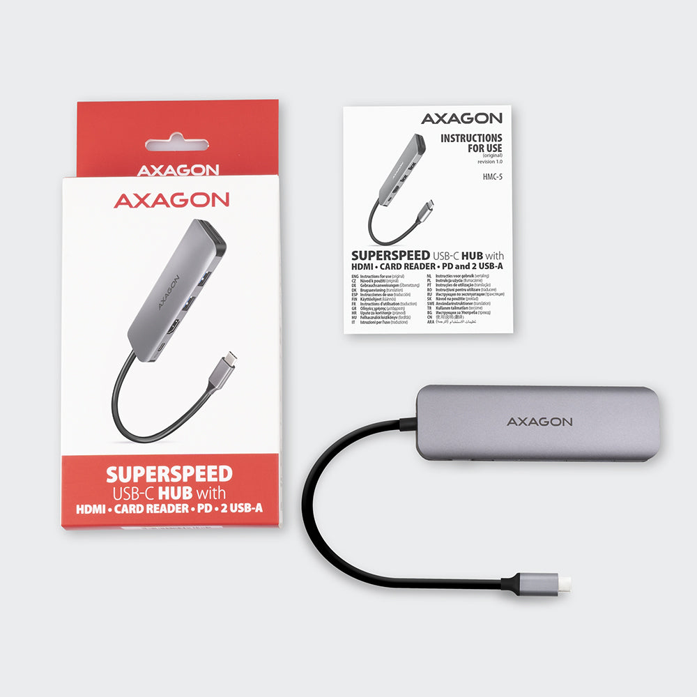 Axagon HMC-5 USB 3.2 Gen 1 hub, 2x USB-A, HDMI, SD/microSD, PD 100W
