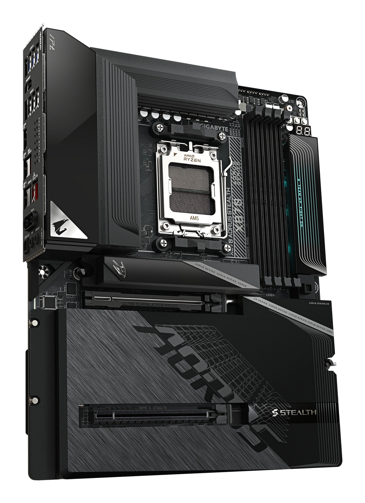 GIGABYTE X870 AORUS STEALTH Mainboard - Unterstützt AMD Ryzen 9000 CPUs, digitales 16+2+2-Phasen-VRM, bis zu 8200MHz DDR5 (O.C.), 2xPCIe 5.0 + 2xPCIe 4.0, Wi-Fi 7, 5GbE LAN, USB 4