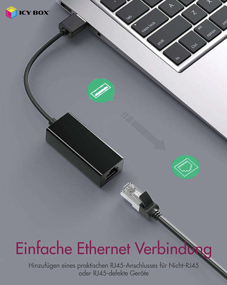 ICY BOX IB-AC501a, USB 3.2 Gen 1 (Type-A) zu Gigabit Ethernet Lan Adapter, schwarz