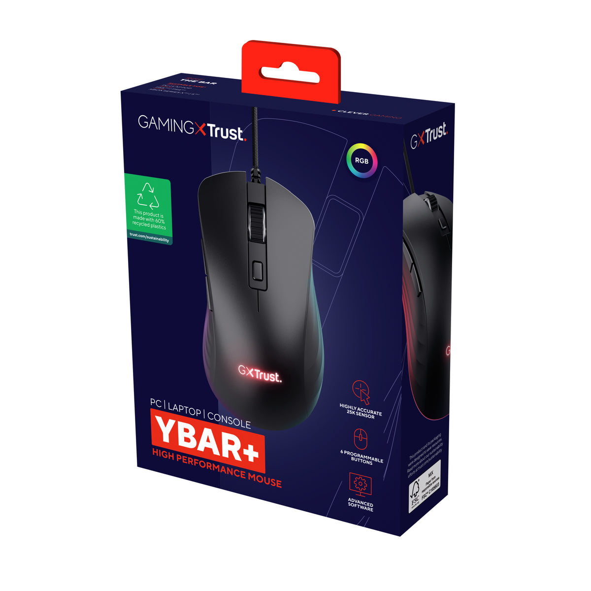 Trust GXT924 YBAR+ Maus Gaming rechts USB Typ-A Optisch 25600 DPI