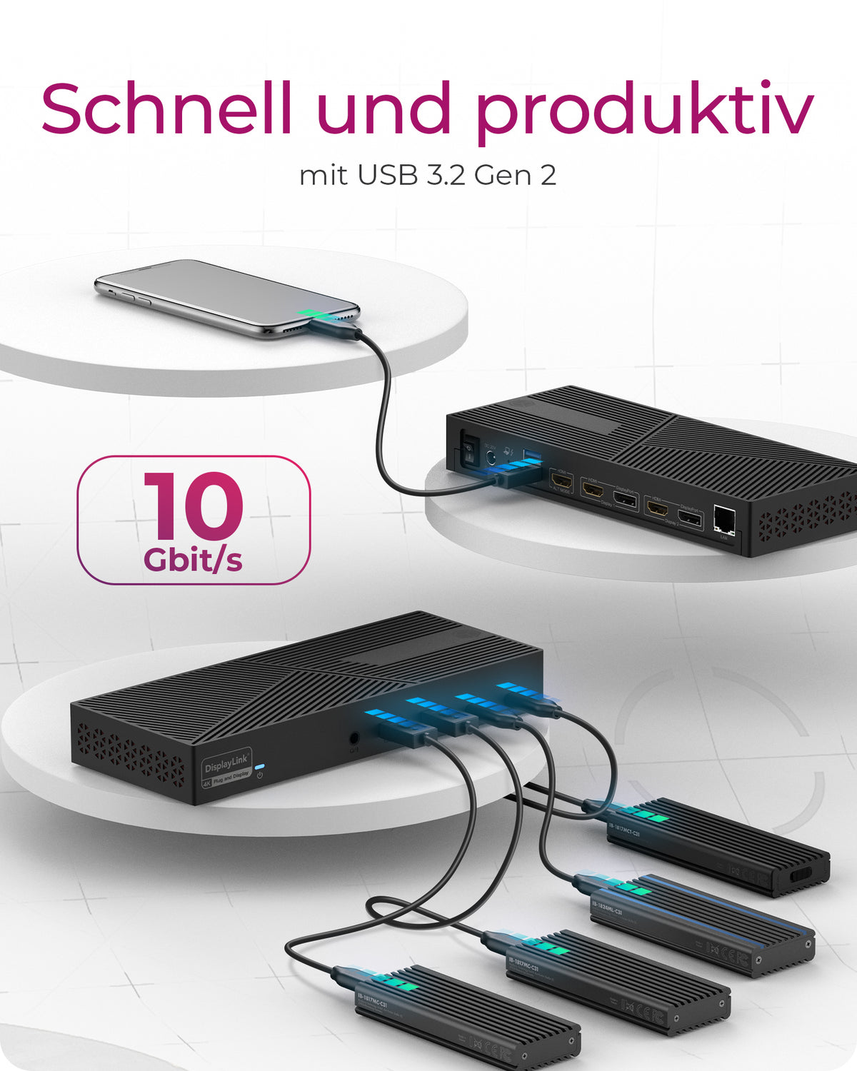 ICY BOX IB-DK2246AC, DisplayLink Notebook DockingStation, DisplayLink® und DP Alt Mode, 2x DisplayPort™ oder 2x HDMI® plus 1x HDMI® Schnittstelle bis zu 4096