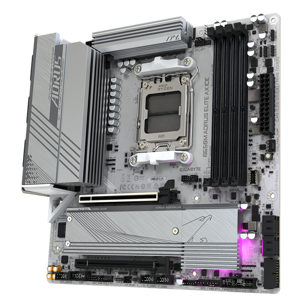 GIGABYTE B650M AORUS ELITE AX ICE Mainboard - AMD Ryzen 9000er-Serie, 12+2+2 Phasen VRM, bis zu 8000 MHz DDR5 (OC), 1xPCIe 5.0 + 1xPCIe 4.0 M.2, 2,5 GbE LAN, WIFI 6E, USB 3.2 Gen 2x2