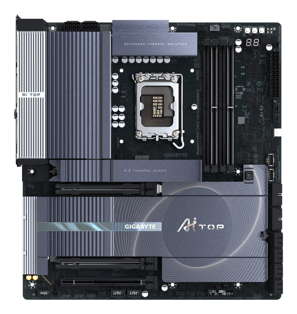 GIGABYTE Z890 AI TOP Mainboard - Intel Core Ultra (Serie 2) CPUs, 16+1+2 Phasen VRM, bis zu 9500 MHz DDR5 (OC), 1xPCIe 5.0 + 3xPCIe 4.0 M.2, Wi-Fi 7, 10 GbE LAN, Thunderbolt 5