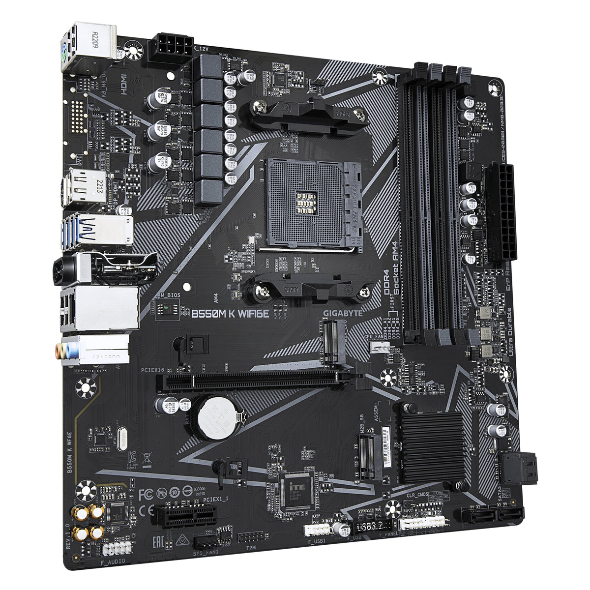 GIGABYTE B550M K WIFI6E Mainboard – AMD Ryzen 5000 CPUs, bis zu 4733 MHz DDR4, 1× PCIe 4.0 + 1× PCIe 3.0 M.2, Wi-Fi 6E, 1-GbE-LAN, USB 3.2 Gen 1