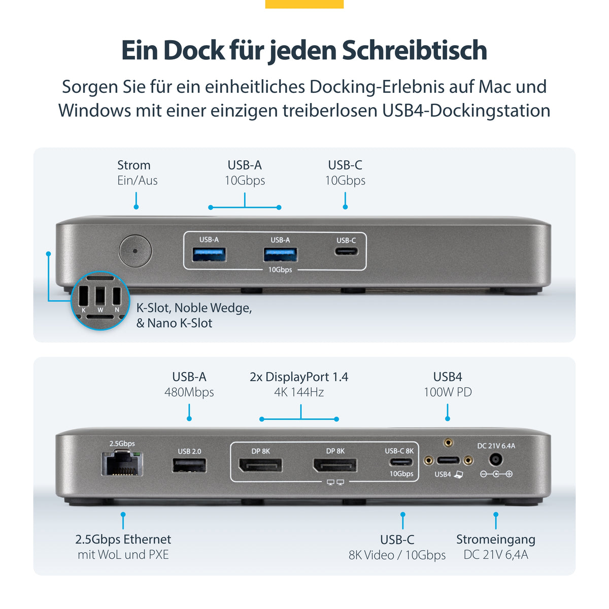 StarTech.com USB4 Dockingstation, treiberloser Dual 4K 144Hz für Mac und Windows, Universelles USB-C Dock mit DisplayPort, 100W PD und 2,5GbE