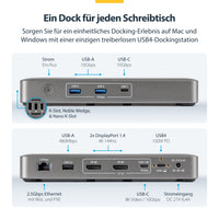 StarTech.com USB4 Dockingstation, treiberloser Dual 4K 144Hz für Mac und Windows, Universelles USB-C Dock mit DisplayPort, 100W PD und 2,5GbE