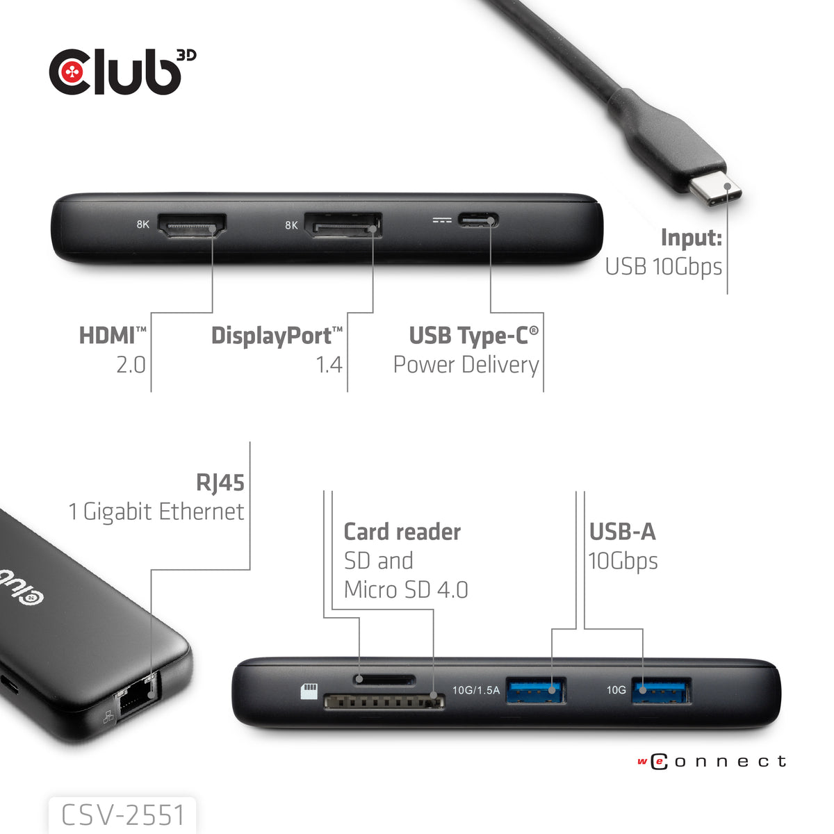 CLUB3D 8-1 Portable Dock USB Type-C® 10Gbps to HDMI™ and DisplayPort™ 8K30Hz PD Max.100Watt