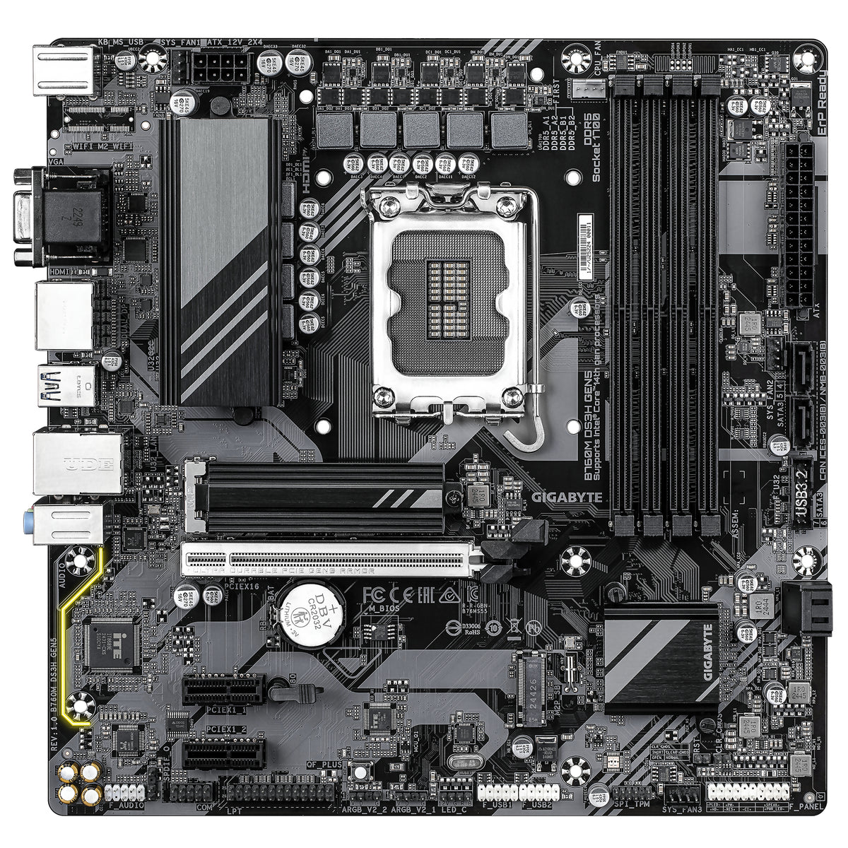 GIGABYTE B760M DS3H GEN5 Mainboard – Unterstützt Intel Core Prozessoren der 14. Generation, digitales VRM mit 6+2+1 Phasen, bis zu 5600 MHz DDR5, 2 x PCIe 4.0 M.2, 2.5GbE LAN, USB 3.2 Gen2