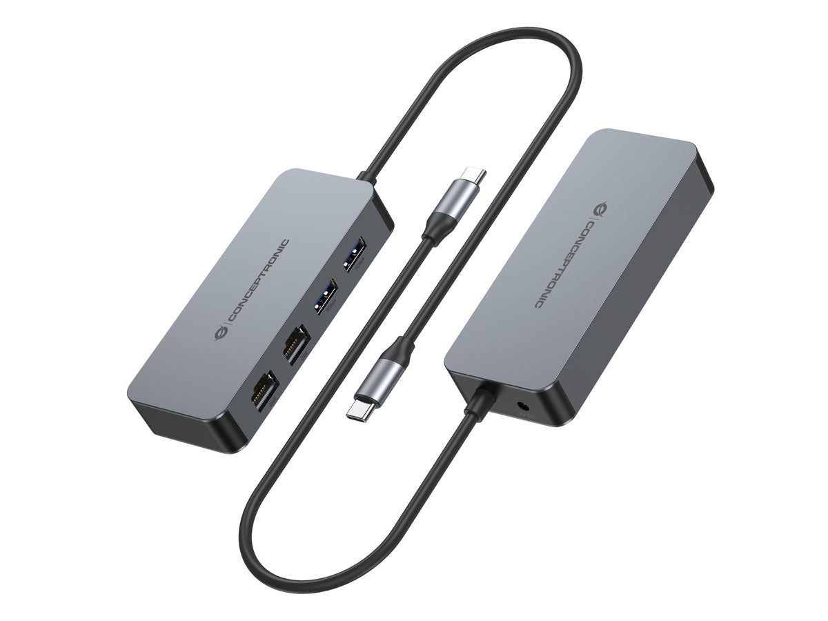 Conceptronic ABBY24G USB-C-auf-Dual-Port-Gigabit-Netzwerkadapter mit 2-Port-USB-Hub