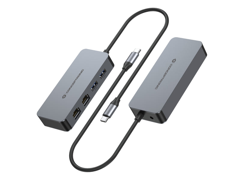 Conceptronic ABBY24G USB-C-auf-Dual-Port-Gigabit-Netzwerkadapter mit 2-Port-USB-Hub