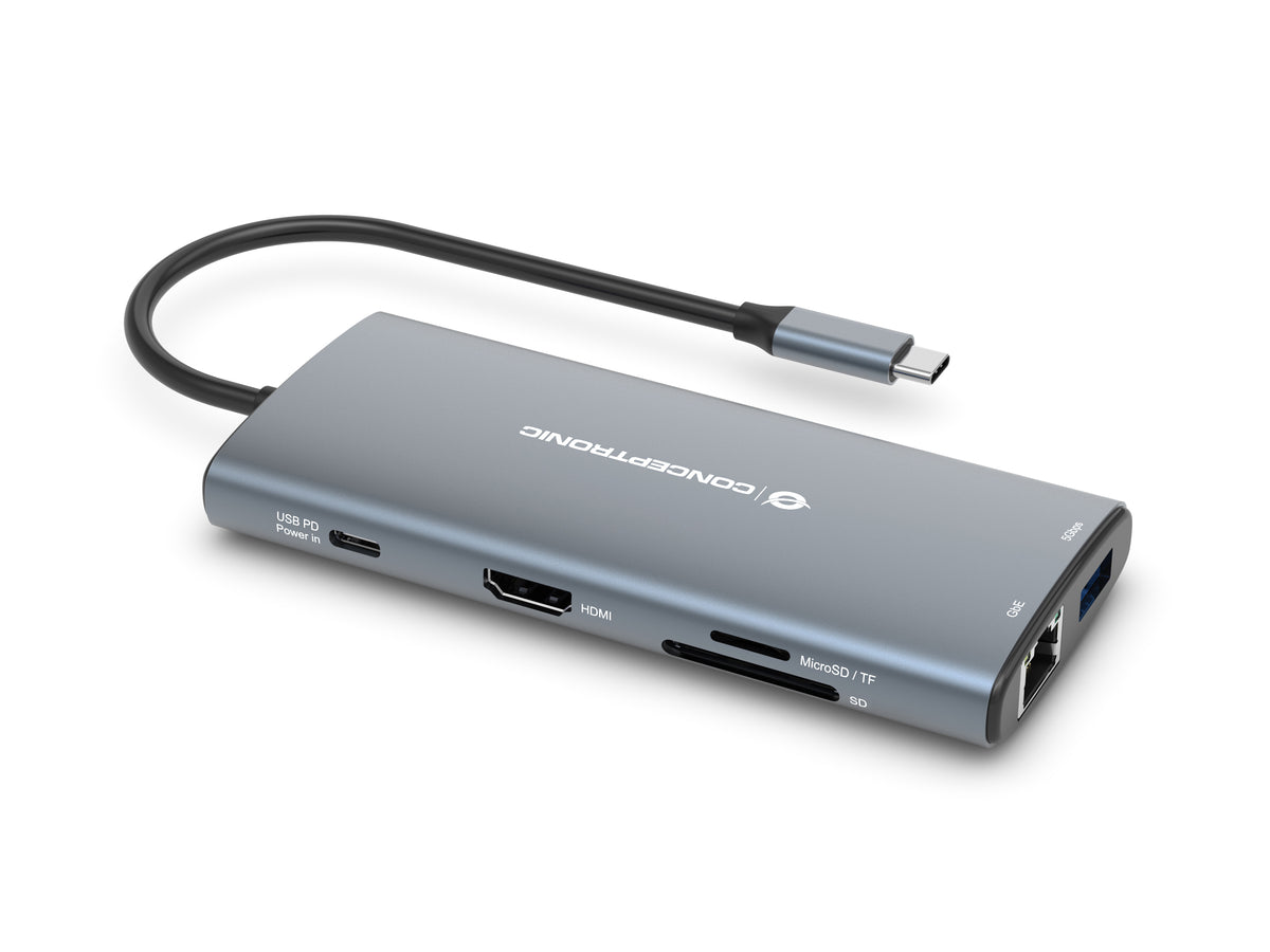Conceptronic DONN06G 10-in-1 USB 3.2 Gen 1 Dockingstation, HDMI, 100W USB PD, USB-C 5Gbps x 2, USB-A 5Gbps x 3, SD, TF/MicroSD, GbE