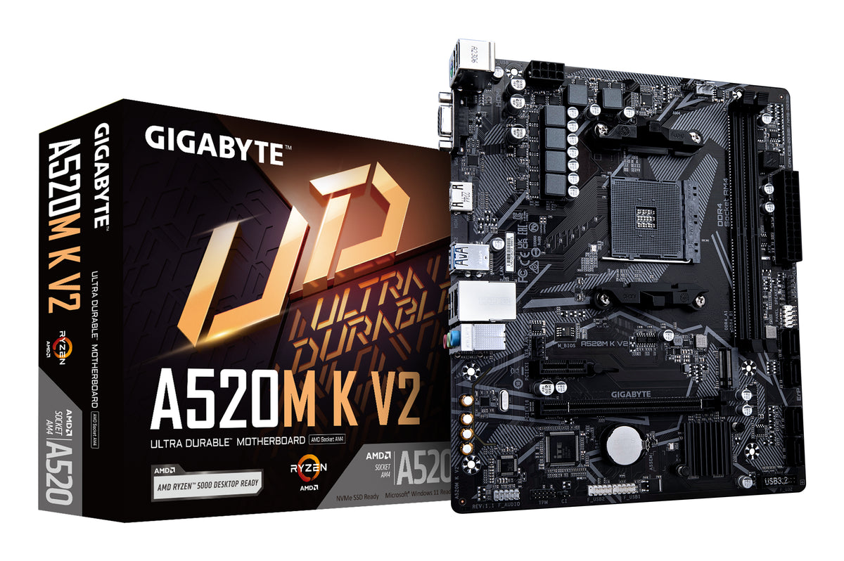 GIGABYTE A520M K V2 Mainboard - Unterstützt AMD Ryzen 5000 Serie AM4 CPUs, bis zu 5100MHz DDR4 (OC), PCIe Gen3 x4 M.2, GbE LAN, USB 3.2 Gen 1