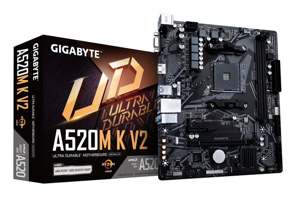 GIGABYTE A520M K V2 Mainboard - Unterstützt AMD Ryzen 5000 Serie AM4 CPUs, bis zu 5100MHz DDR4 (OC), PCIe Gen3 x4 M.2, GbE LAN, USB 3.2 Gen 1