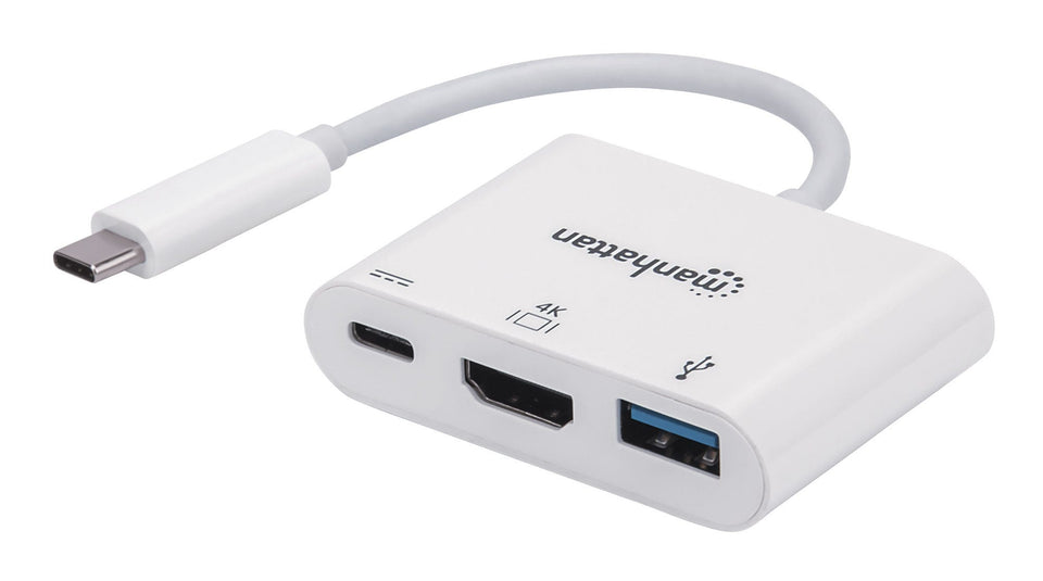 Manhattan USB 3.1 Typ C HDMI Docking-Konverter, USB 3.1 Typ C-Stecker auf HDMI, USB Typ A-Buchse und USB Typ C-Buchse, Multiport-Konverter, weiß