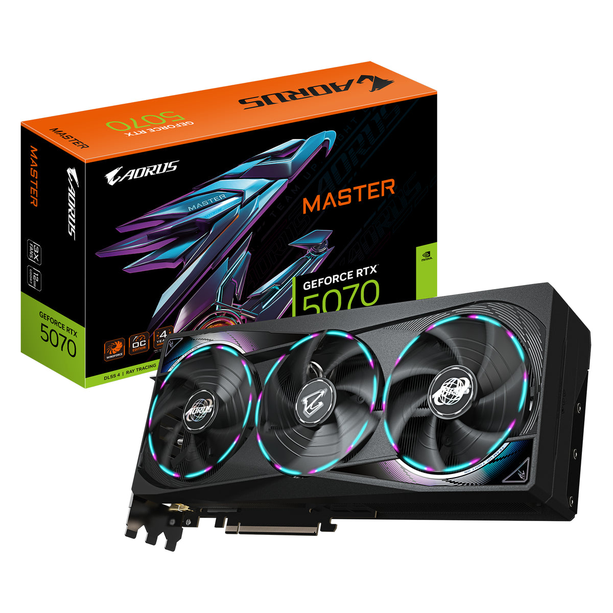 GIGABYTE AORUS GeForce RTX 5070 MASTER 12G Grafikkarte - 12GB GDDR7, 192 Bit, PCI-E 5.0, 2715 MHz Core Clock, 3 x DP 2.1a, 1 x HDMI 2.1b, NVIDIA DLSS 4, GV-N5070AORUS M-12GD