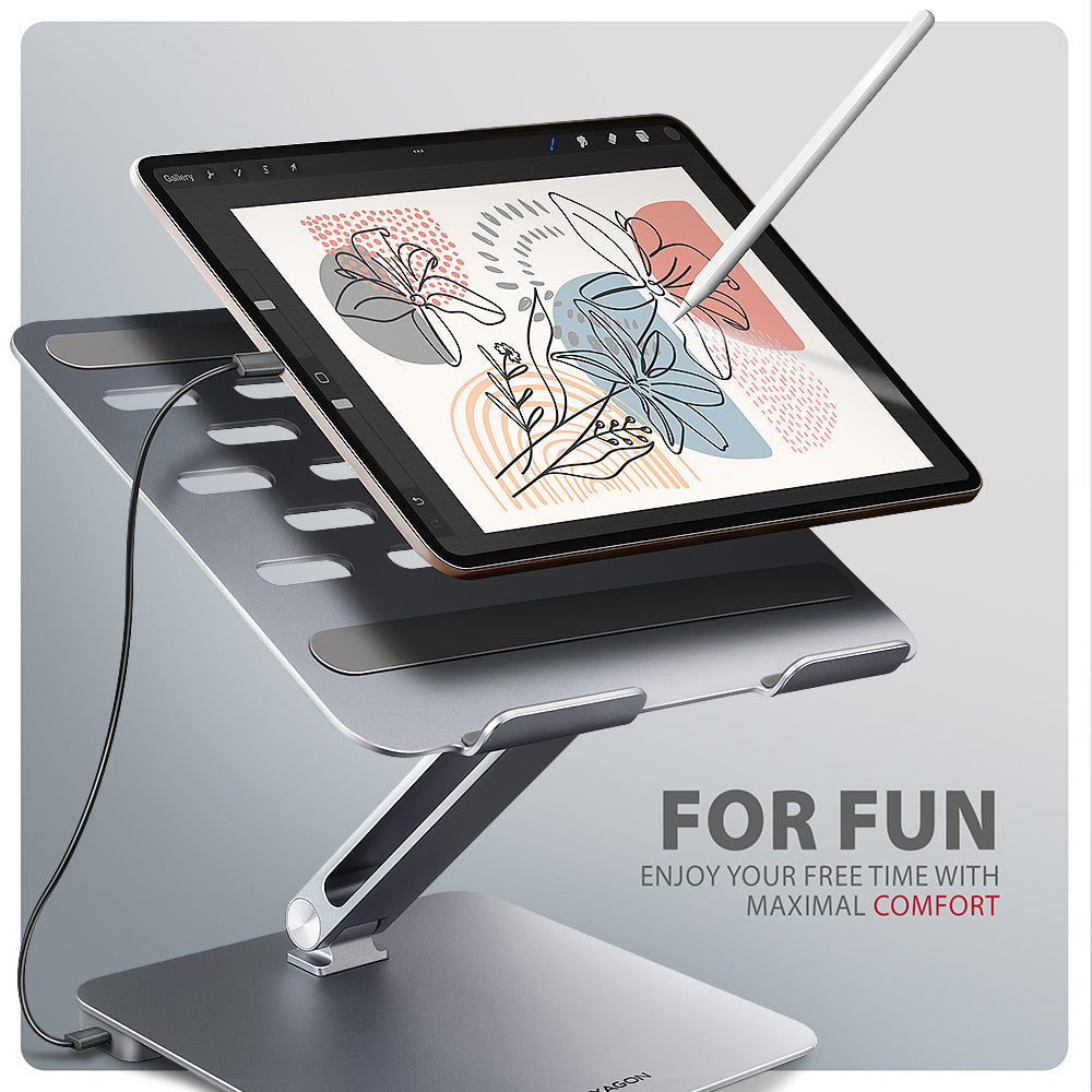 Axagon HMC-STND Multiport USB-C 5Gbps Hub und Aluminiumständer für Laptops. HDMI 4k/60Hz, GLAN, PD und 3 USB-A-Anschlüsse. Kabel USB-C 60 cm.