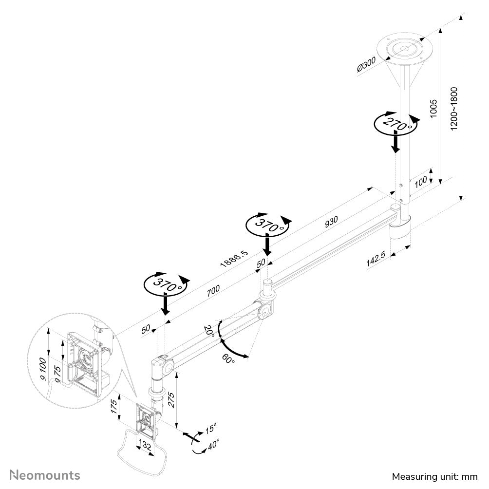 Neomounts FPMA-HAC100HC Medizinische Deckenhalterung für Monitore 10-32" - H 0-170 cm - Gasfeder
