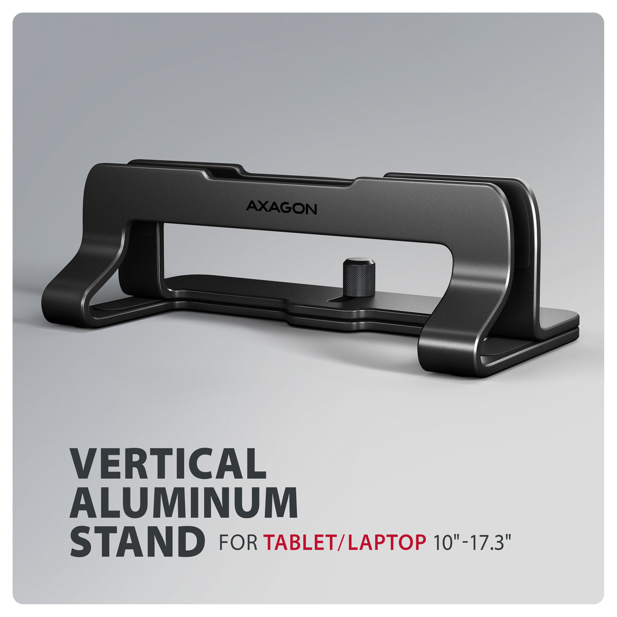 Axagon STND-VB Aluminiumständer für die vertikale Platzierung von Laptops mit einer Größe von 10"–17.3". Einstellbare Schlitzbreite 9.5–25.5 mm. Schwarze Version.