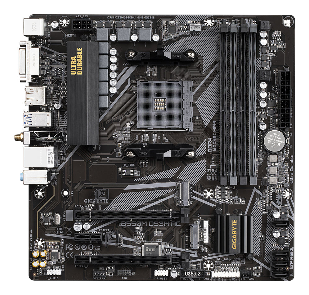 GIGABYTE B550M DS3H AC Mainboard – AMD Ryzen 5000 CPUs, 5+3 Phasen VRM, bis zu 4733 MHz DDR4, 1xPCIe 4.0 + 1xPCIe 3.0 M.2, Wi-Fi 5, 1GbE LAN, USB 3.2 Gen 1