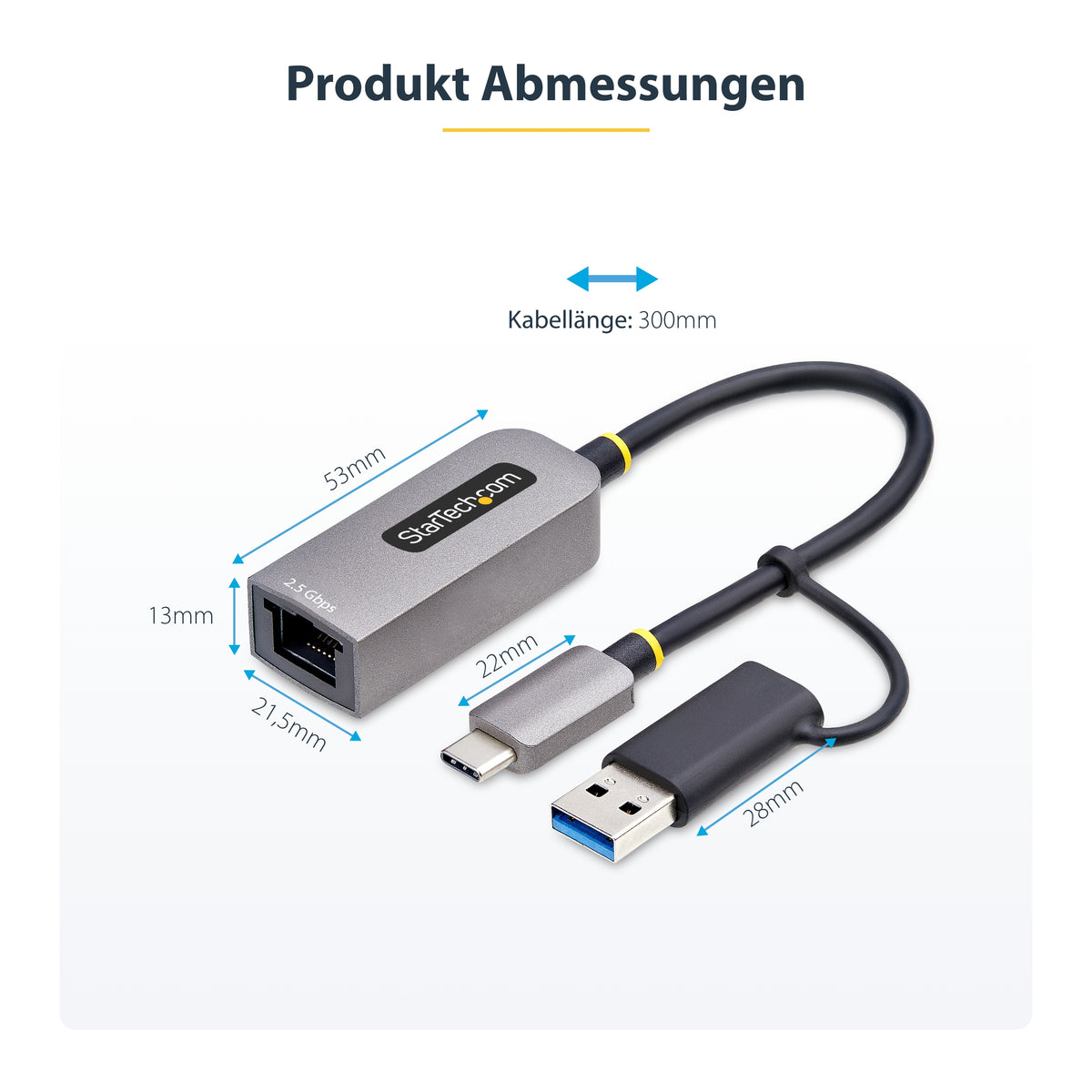StarTech.com 2.5GbE USB C Ethernet Adapter mit USB-A Adapter, USB-C LAN-RJ45 Netzwerkadapter, USB 3.1 Typ-C 2.5Gb NIC, Thunderbolt & USB4 Kompatibel, Windows & Mac