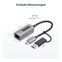 StarTech.com 2.5GbE USB C Ethernet Adapter mit USB-A Adapter, USB-C LAN-RJ45 Netzwerkadapter, USB 3.1 Typ-C 2.5Gb NIC, Thunderbolt & USB4 Kompatibel, Windows & Mac
