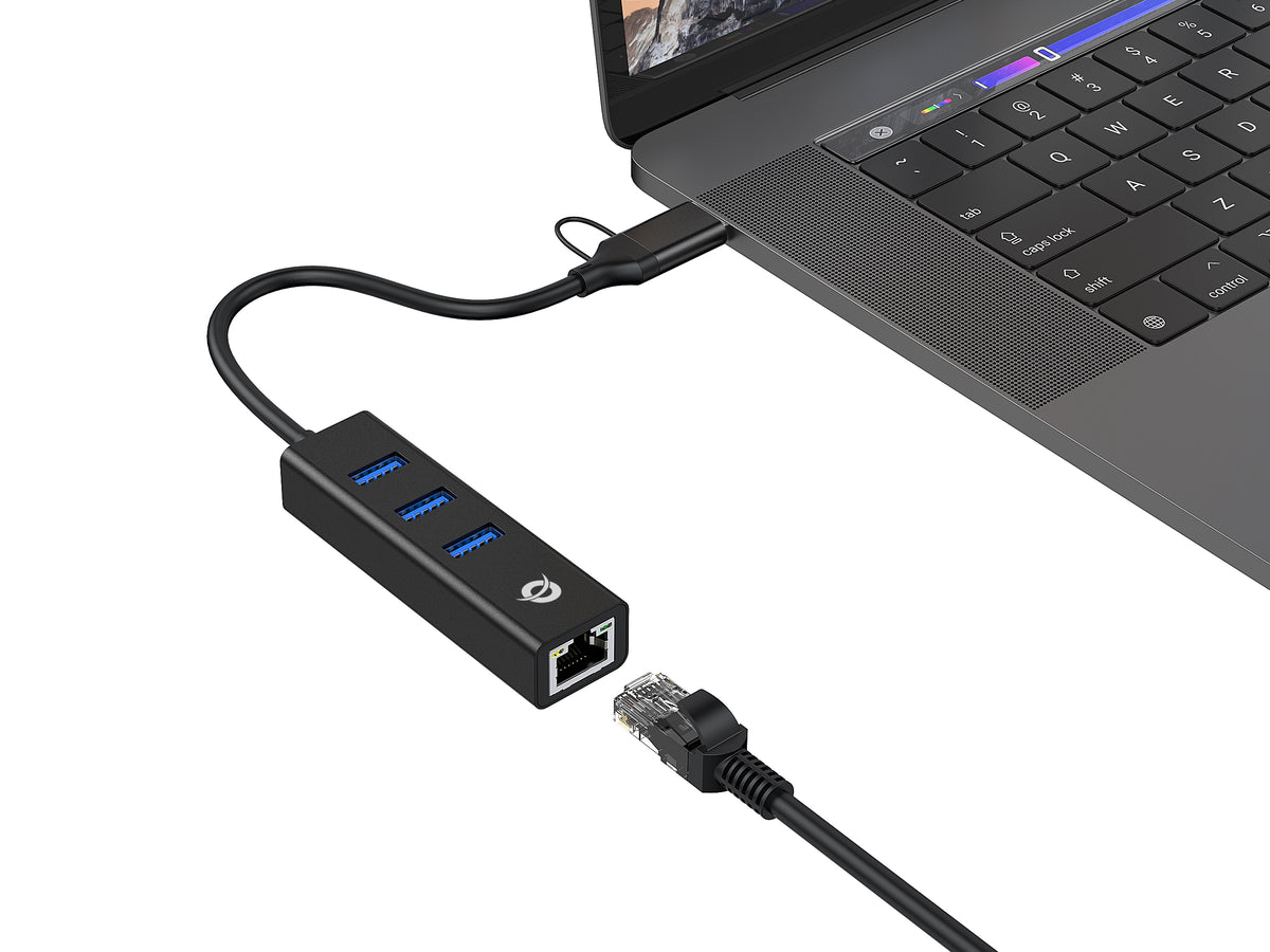 Conceptronic DONN07BA USB zu Gigabit-Netzwerkadapter mit 3-Port-USB-Hub, USB-A x 3, Wake-on-LAN, 2-in-1 USB-C USB-A Cable