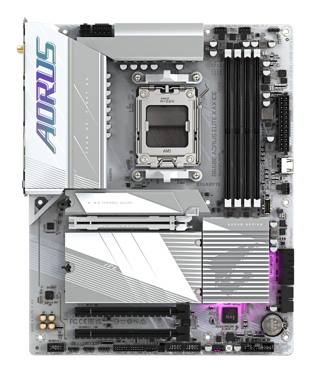GIGABYTE B650E AORUS ELITE X AX ICE Mainboard - AMD Ryzen 9000er-Serie, 12+2+2 Phasen VRM, bis zu 8000 MHz DDR5 (OC), 1xPCIe 5.0 + 2xPCIe 4.0 M.2, 2,5 GbE LAN, WIFI 6E, USB 3.2 Gen 2