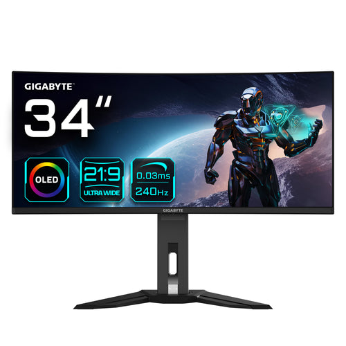 GIGABYTE OLED WQHD Curved Gaming Monitor MO34WQC2 - 34 Zoll, 3440 x 1440, 240Hz, 0,03ms, KVM, 250 cd/m², FreeSync Premium Pro, DisplayHDR True Black 400, HDMI 2.1, Displayport 1.4