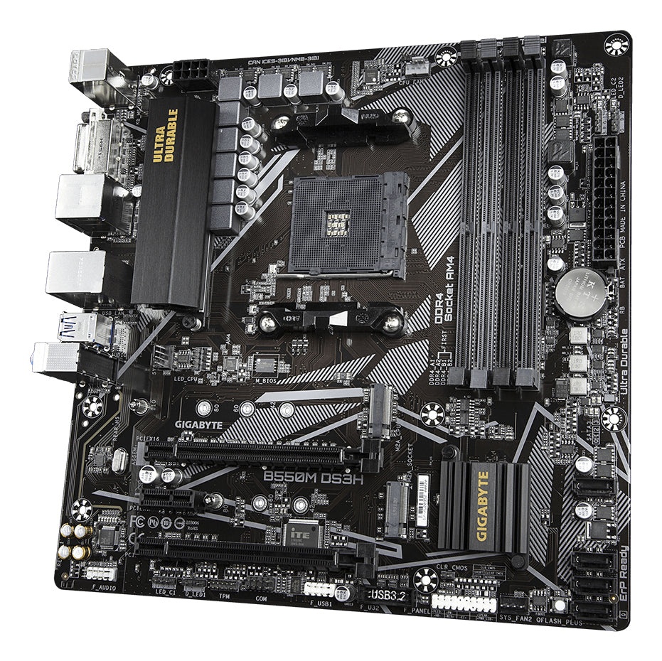 GIGABYTE B550M DS3H Mainboard – AMD Ryzen 5000 CPUs, 5+3 Phasen VRM, bis zu 4733 MHz DDR4, 1xPCIe 4.0 + 1xPCIe 3.0 M.2, 1GbE LAN, USB 3.2 Gen 1