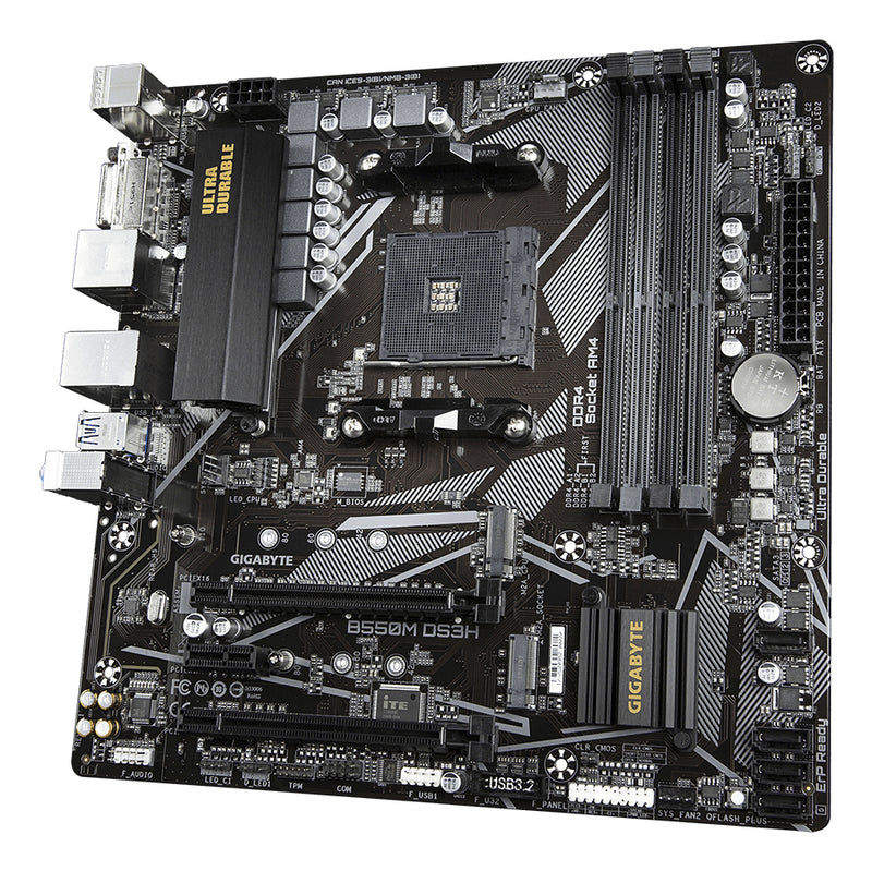 GIGABYTE B550M DS3H Mainboard – AMD Ryzen 5000 CPUs, 5+3 Phasen VRM, bis zu 4733 MHz DDR4, 1xPCIe 4.0 + 1xPCIe 3.0 M.2, 1GbE LAN, USB 3.2 Gen 1