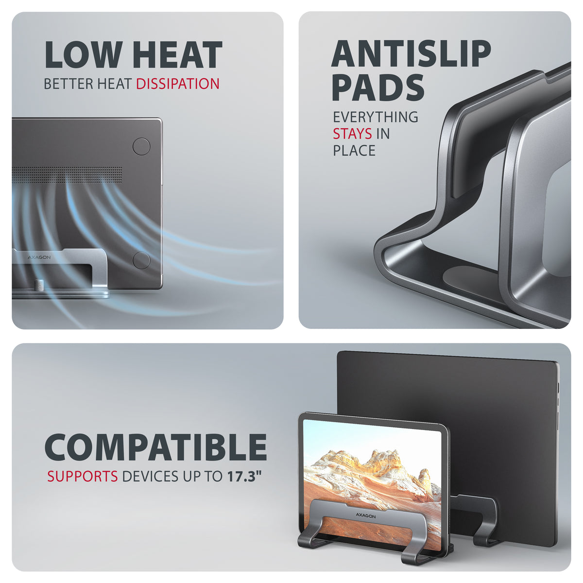 Axagon STND-VG Aluminiumständer für die vertikale Platzierung von Laptops mit einer Größe von 10"–17.3". Einstellbare Schlitzbreite 9.5–25.5 mm. Graue Version.
