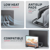 Axagon STND-VG Aluminiumständer für die vertikale Platzierung von Laptops mit einer Größe von 10"–17.3". Einstellbare Schlitzbreite 9.5–25.5 mm. Graue Version.