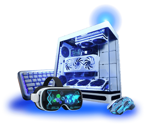 Moderner Gaming-Desktop-PC mit transparentem Gehäuse, beleuchtetem Innenraum und sichtbarer Grafikkarte, daneben eine Tastatur, eine VR-Brille und eine Gaming-Maus mit blauem Leuchteffekt.