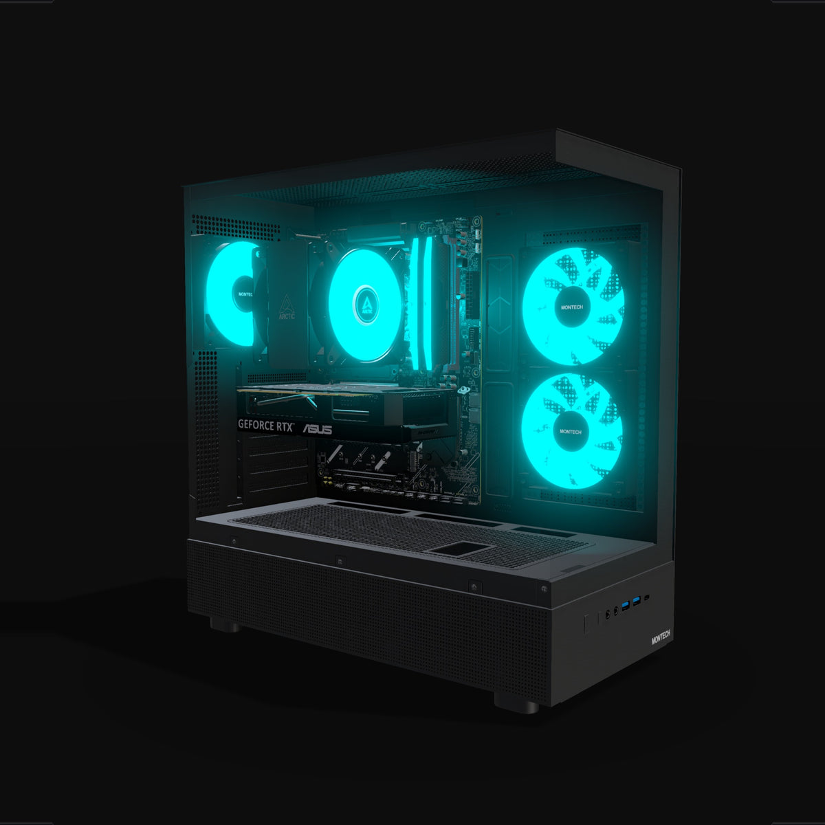 Basecamp Gaming PC Entry – 3D rendering, front three-quarter view, RGB cyan