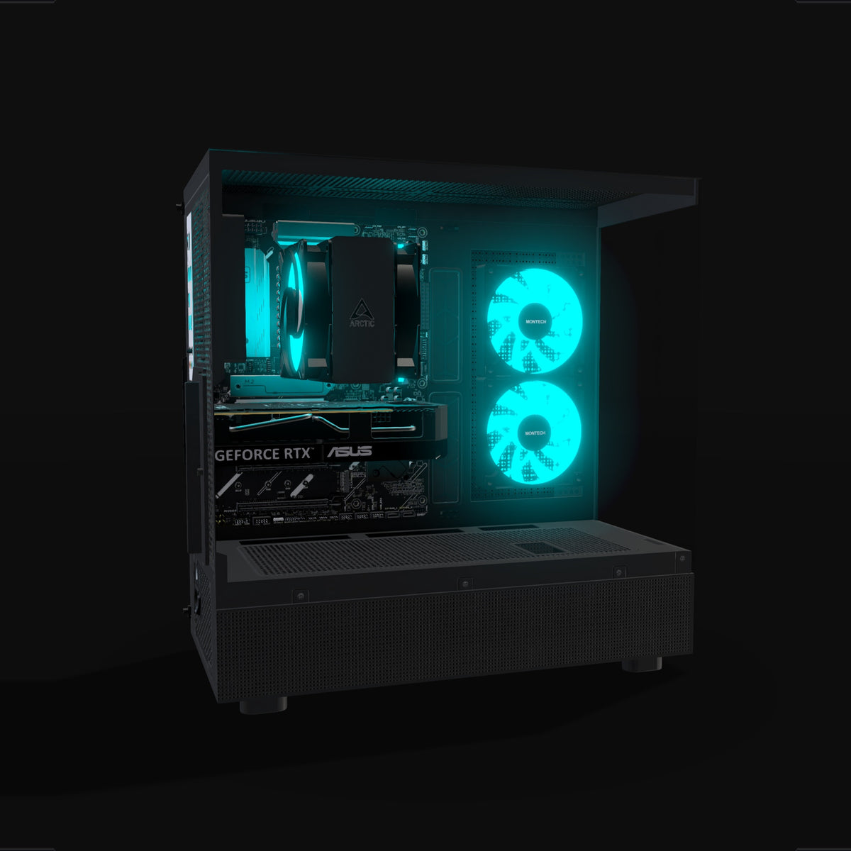 Basecamp Gaming PC Entry – 3D rendering, side view, RGB cyan