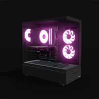 Basecamp Gaming PC Entry – 3D rendering, front three-quarter view, RGB magenta