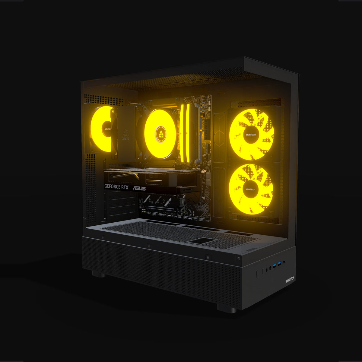 Basecamp Gaming PC Entry – 3D rendering, front three-quarter view, RGB orange