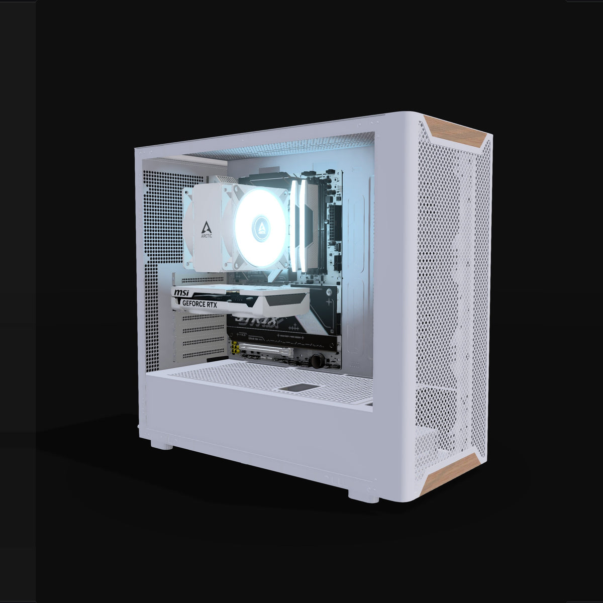 Basecamp Gaming-PC Einsteiger Weiss – 3D-Rendering schräg von vorne, RGB Eisblau