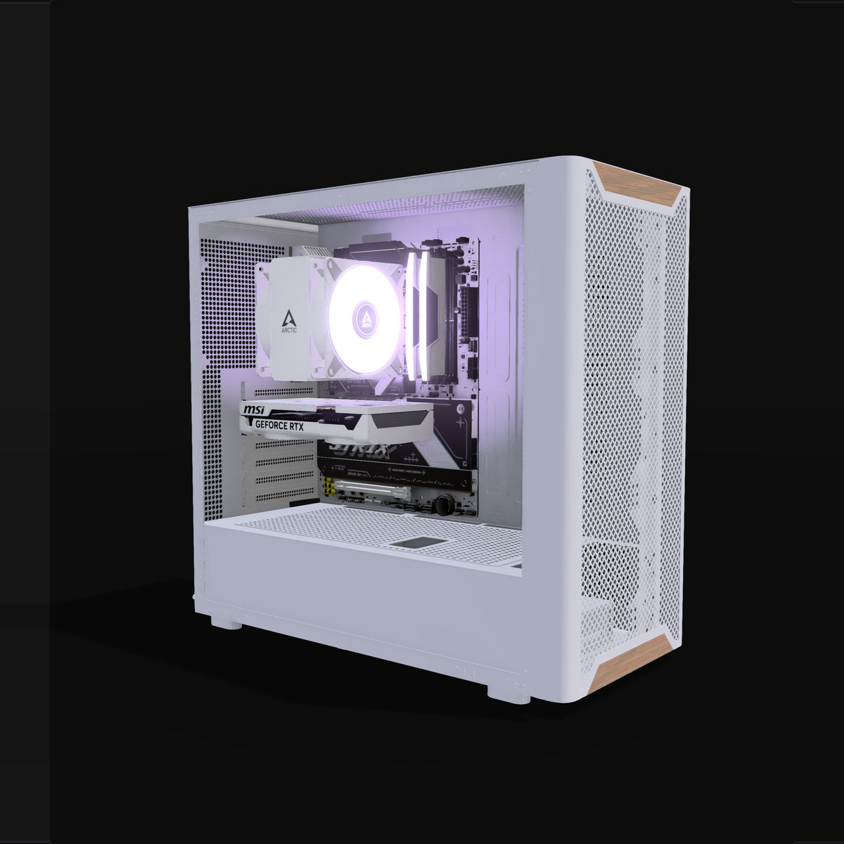 Basecamp Gaming-PC Einsteiger Weiss – 3D-Rendering schräg von vorne, RGB Lavendel