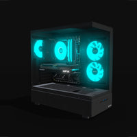 Basecamp Gaming PC Entry – 3D rendering, front three-quarter view, RGB cyan