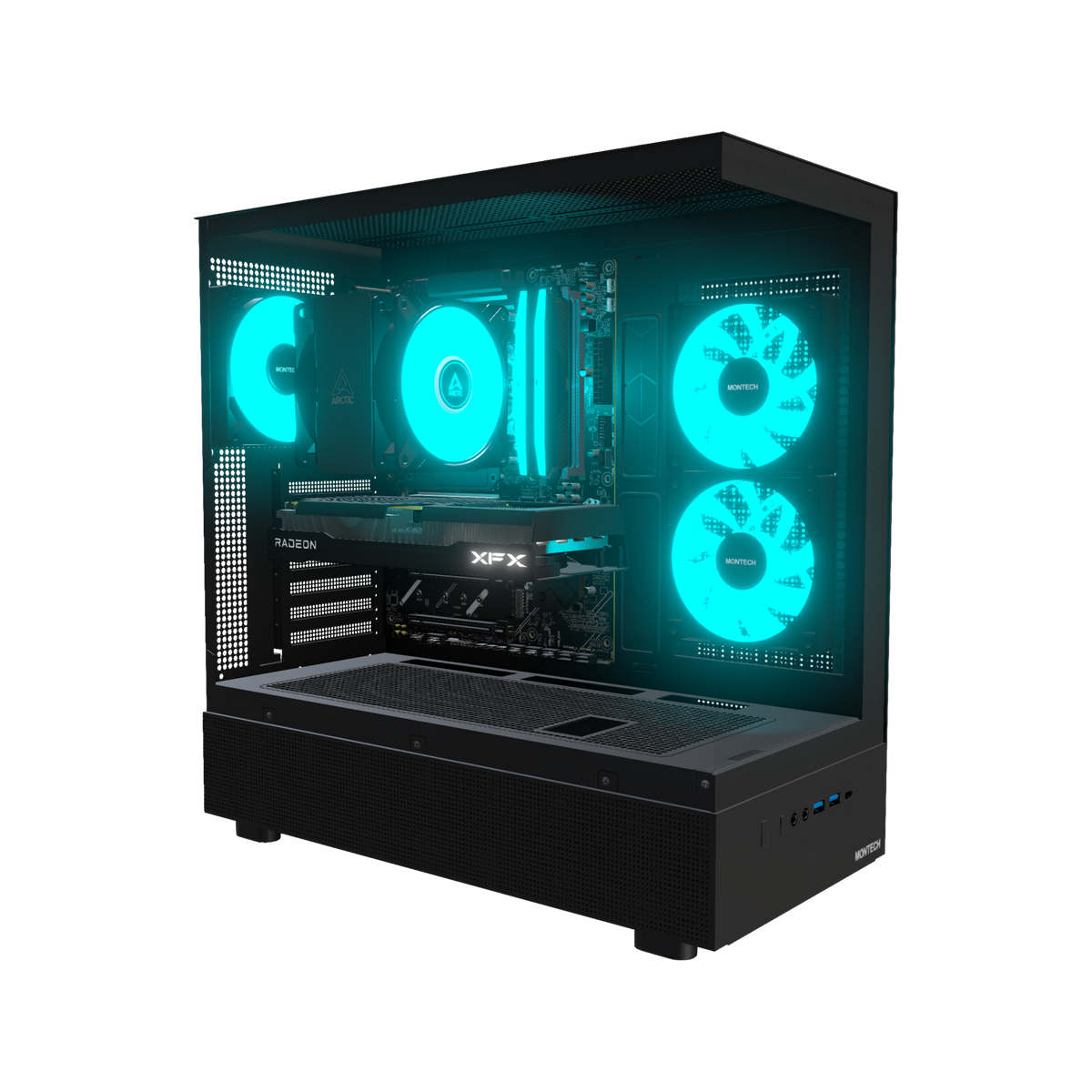 Basecamp PC Gamer Entrée de gamme – rendu 3D, vue de trois quarts, RGB cyan