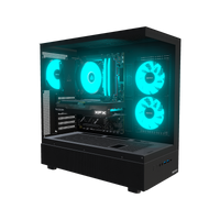 Basecamp PC Gamer Entrée de gamme – rendu 3D, vue de trois quarts, RGB cyan